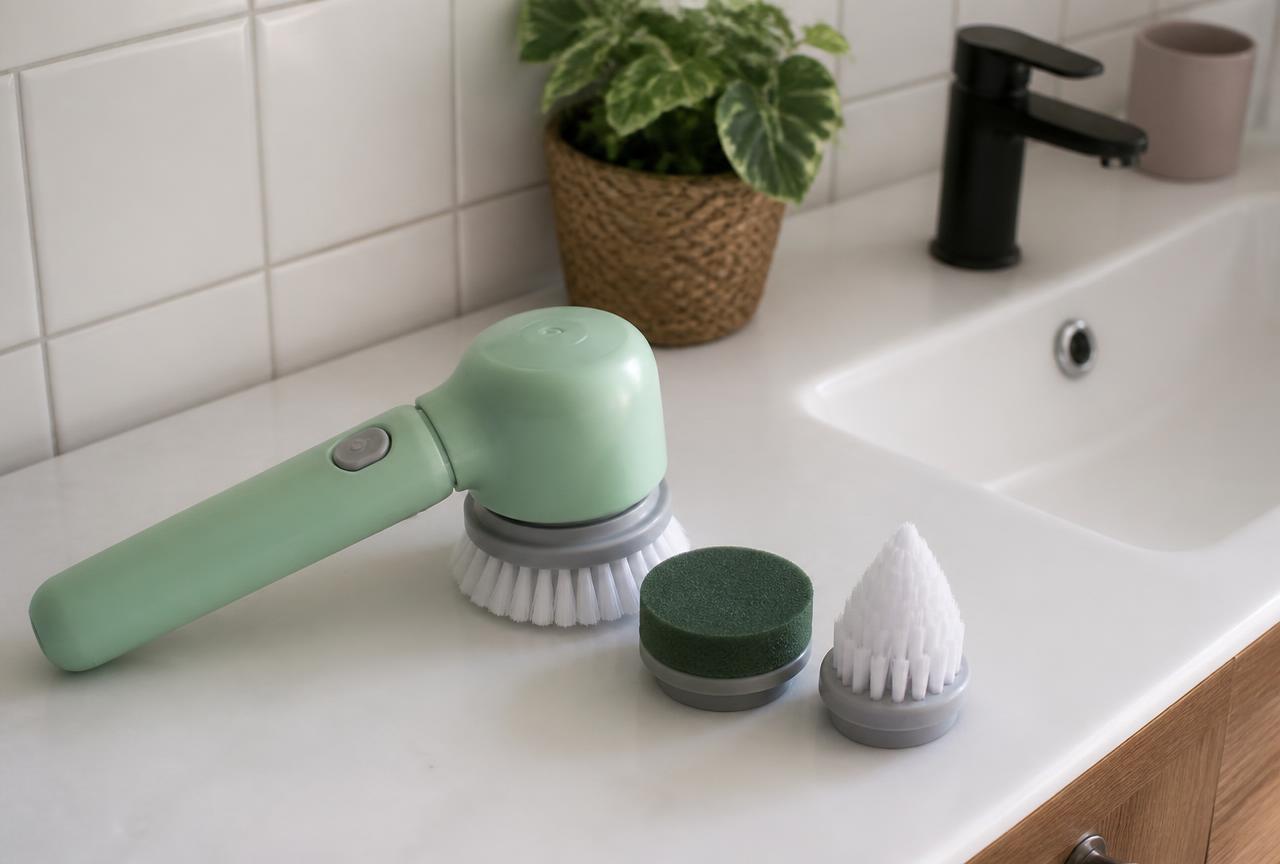 ScrubClean Pro con le tre testine intercambiabili sul lavabo del bagno